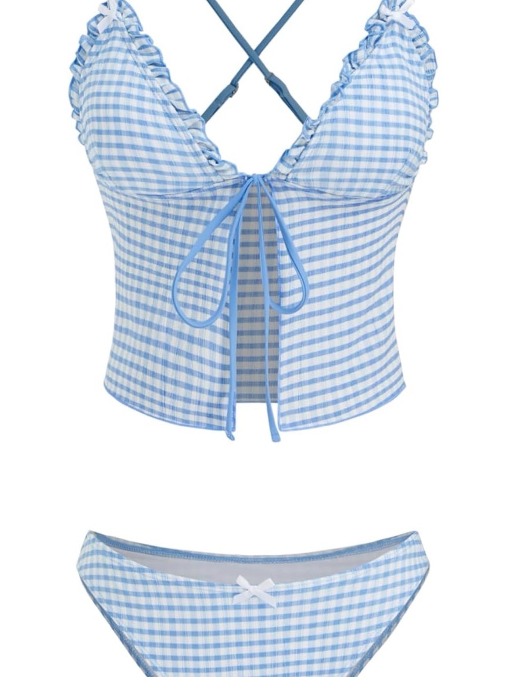 Cider Light Blue Gingham Ruffle Tie-Front Bikini Set